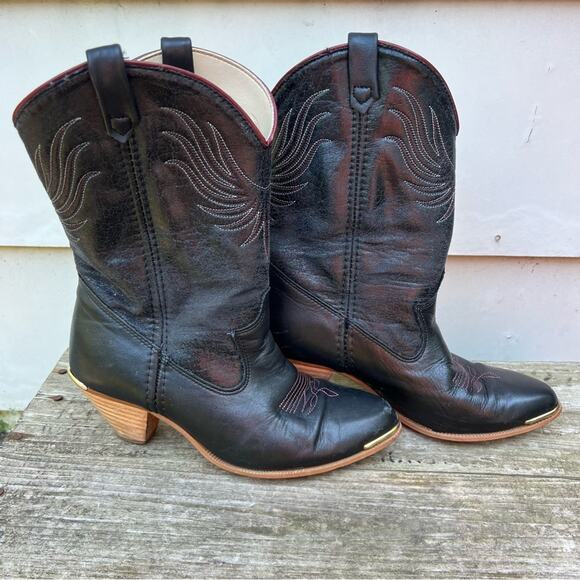 Vintage 80s Dingo Black Cherry High Heeled Cowgirl Boots Booties 7M - Picture 1 of 8
